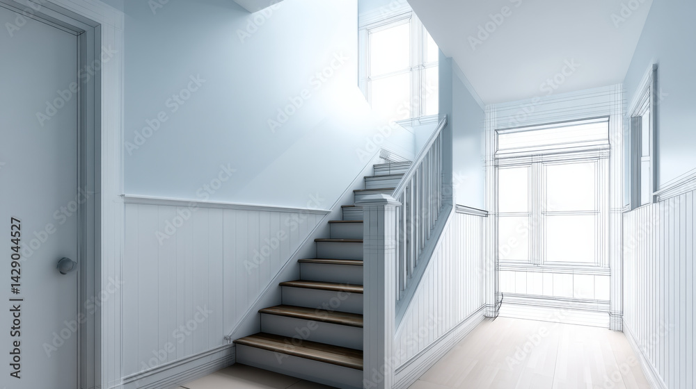Fototapeta premium bright and airy interior featuring staircase with wooden steps, light blue walls, and ample natural light. design is modern