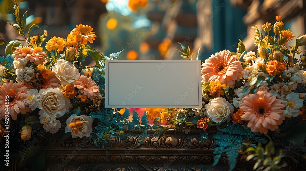 Floral wreath with a white gift card at the base of a temple stupa