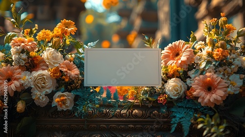 Obraz na płótnie Floral wreath with a white gift card at the base of a temple stupa w salonie