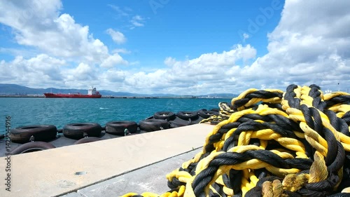 Wide angle view of quayside equipment at Gibraltar. Floating pneumatic rubber fenders secured to moorings are moved about by the strong winds and waves. Above the bay is a blue sky with white clouds.