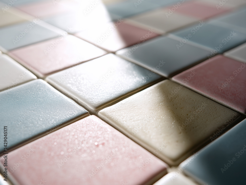 Fototapeta premium Glossy ceramic tiles in pastel colors create smooth corner, enhancing aesthetic of any space with their vibrant hues