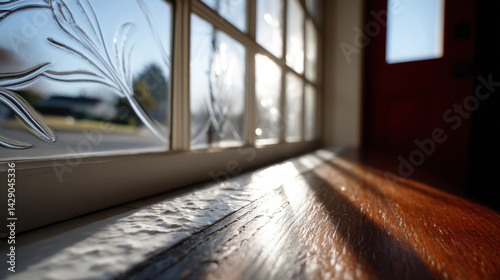 beautiful sunlight reflecting on etched glass transom window, casting soft shadows on wooden sill