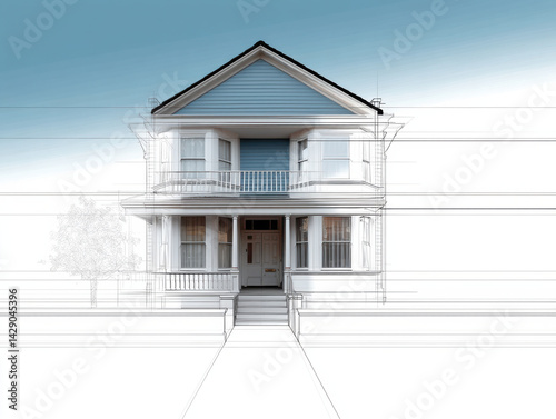 symmetrical line sketch of Victorian style house with blue facade, showcasing architectural details and welcoming entrance
