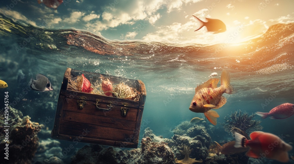 Underwater fantasy treasure chest with fish and light