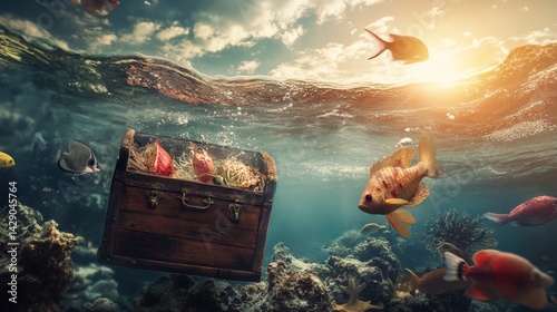 Obraz na płótnie Underwater fantasy treasure chest with fish and light w salonie