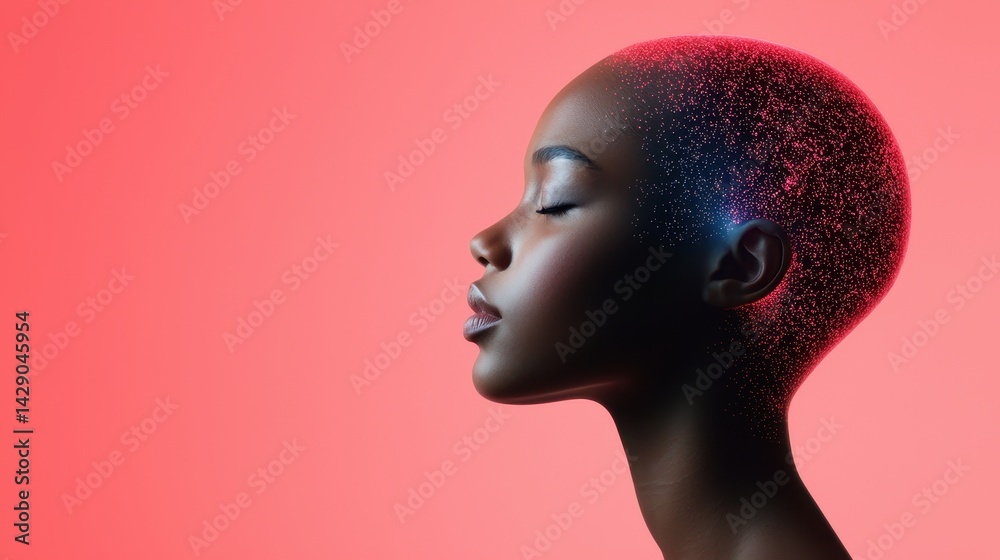 A profile view of a woman with a smooth head, featuring glowing particles, set against a vibrant red background, conveying a sense of tranquility and beauty. A profile view of a woman with a smooth head, featuring glowing particles, set against a vibrant red background, conveying a sense of tranquility and beauty.