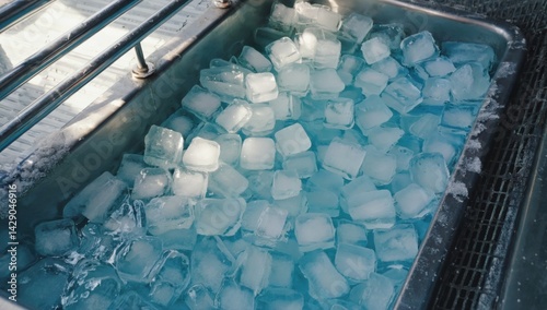 Aerial top down view of cold plunge tub with crystal clear ice cubes for wellness and relaxation