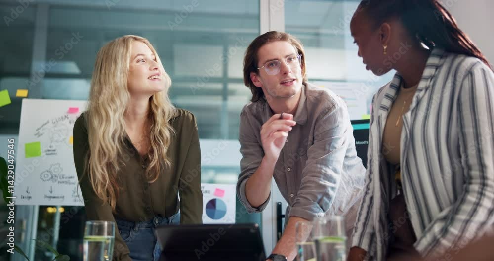 Discussion, office and business people with laptop and notes for project feedback, research and ideas. Marketing agency, meeting and men and women with documents for review, strategy and planning
