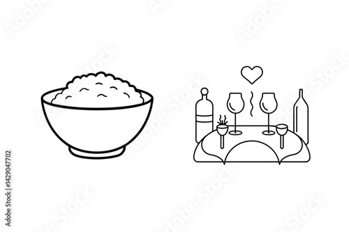 Romantic Dinner And Bowl Of Rice Minimalist Line Art Illustration