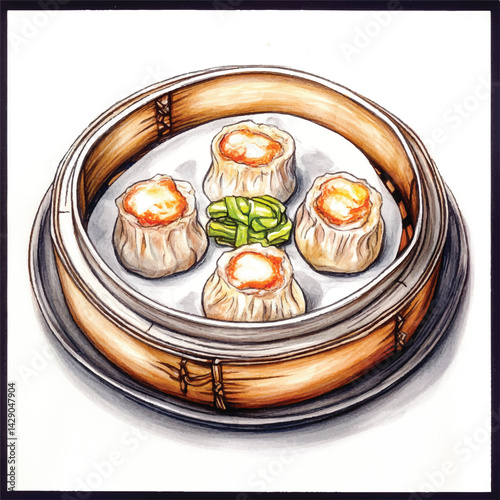 watercolor copic marker concept sketch of Dim Sum