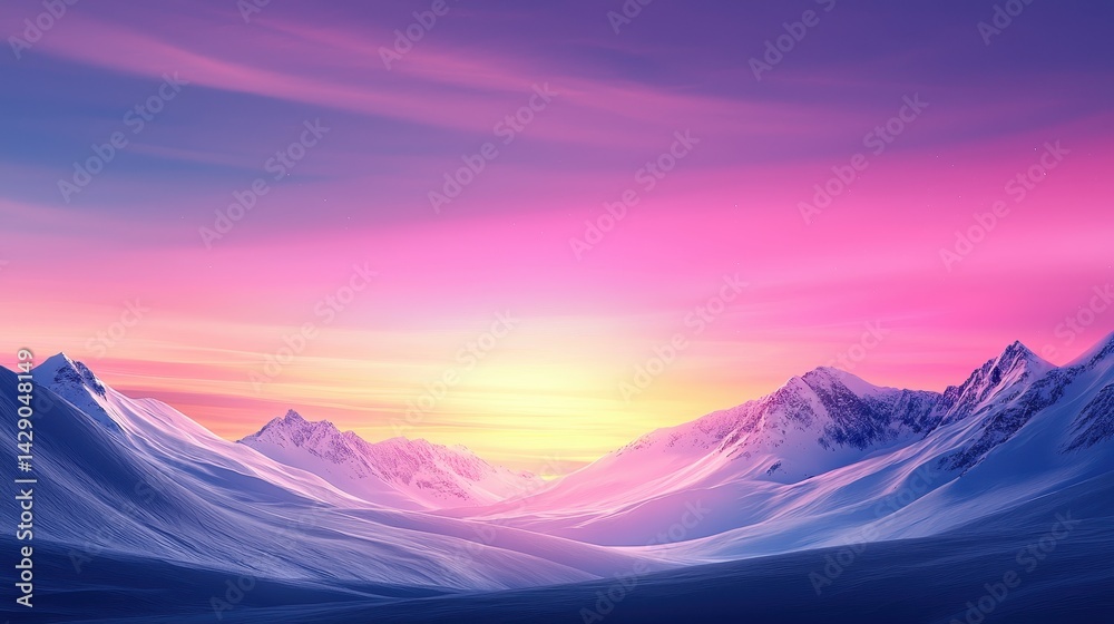 Fototapeta premium A breathtaking winter landscape with majestic snow-covered mountains under a vibrant pink and purple sky at sunset.
