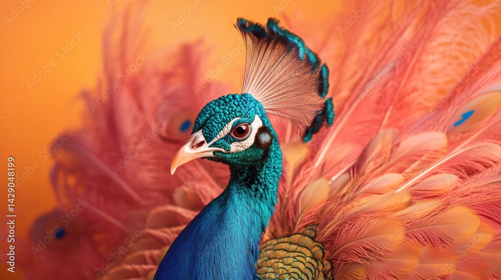 Fototapeta premium Vibrant peacock close-up with orange background