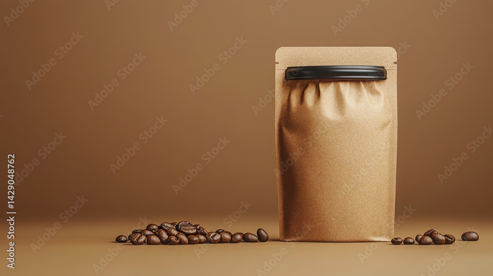 Kraft Paper Coffee Pouch Packaging Mockup with Roasted Beans