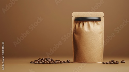 Obraz na płótnie Kraft Paper Coffee Pouch Packaging Mockup with Roasted Beans w salonie