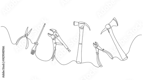 Continuous one line drawing of tools forming the word "WORK" in minimalist style, ideal for labor and construction themes. Vector illustration, Editable stroke