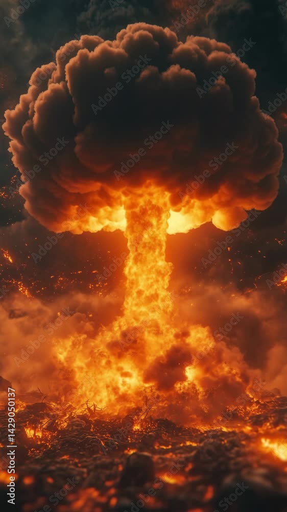 A powerful explosion creates a large mushroom cloud as flames and smoke ...