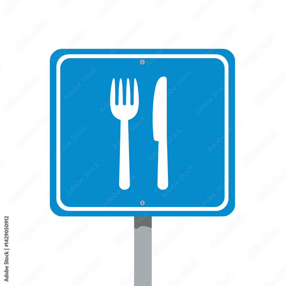 Fork and Knife Sign on Blue Background for Dining Locations Fork and Knife Sign on Blue Background for Dining Locations