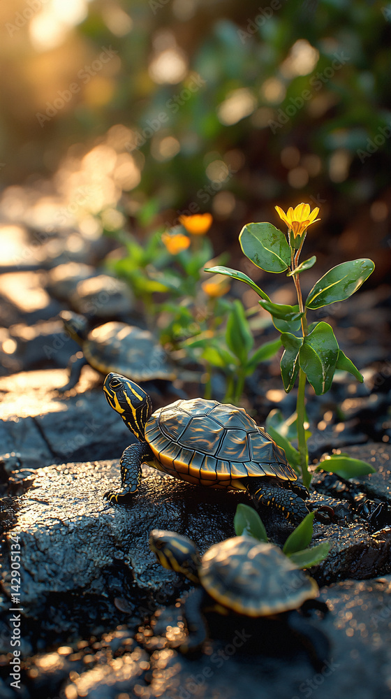 Obraz premium Turtle Family Crossing Weathered Road with Sprouting Greenery