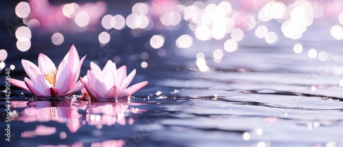 Two pink lotus flowers float serenely on a shimmering water surface, with soft bokeh lights creating a tranquil atmosphere.