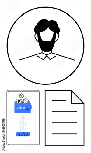 User profile icon, money transfer interface with coins and send button, and lined document sheet. Ideal for online payment, identity, profile, digital form, finance, transaction flat simple metaphor