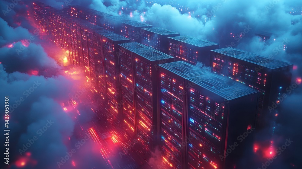 Futuristic Cloud Server Farm Neon Lights and Data Center in the Clouds