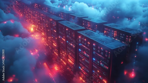 Obraz na płótnie Futuristic Cloud Server Farm Neon Lights and Data Center in the Clouds w salonie