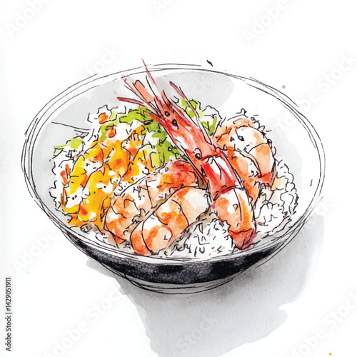 watercolor copic marker concept sketch of donburi of Japan
