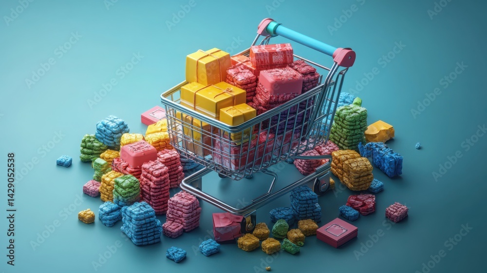 Colorful Shopping Cart Overflowing with Gifts and Packages Online Retail Concept