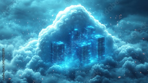 Futuristic Cloud Computing Data Center Servers in Sky Digital Cityscape