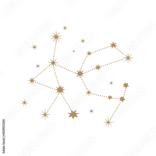 Vector star constellations dotted line connections gold accents on white astrology theme on transparent background