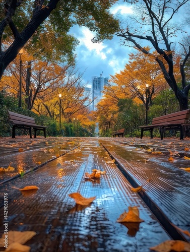Autumn Leaves on Wet Boardwalk in Park with City Buildings