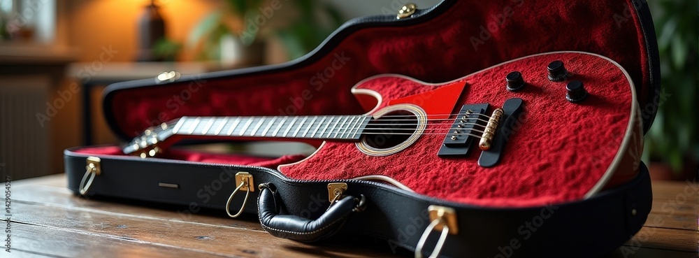 Obraz premium Acoustic guitar in open case with red velvet interior on wooden table.