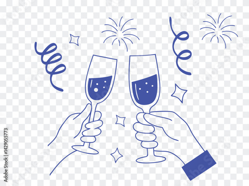 Cheers celebration line art with two hands clinking champagne glasses, fireworks, and streamers, perfect for party invitations, festive announcements, New Year designs, or joyful occasions.