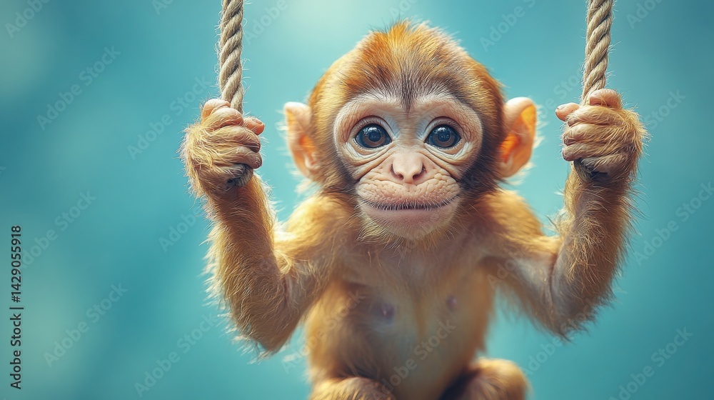 Adorable Baby Monkey Hanging on Rope Swing Close Up Portrait Cute Primate