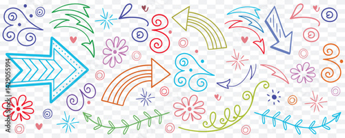 Colorful hand-drawn doodle arrows and swirls with flowers, hearts, and design accents, ideal for playful backgrounds, scrapbooking, invitations, creative templates, or whimsical artwork.