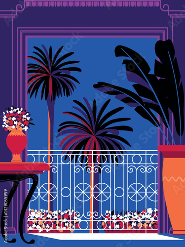 Mediterranean style house interior with vases of flowers, balcony and palm trees in the background. Handmade drawing vector illustration. Flat design. Vintage Poster.