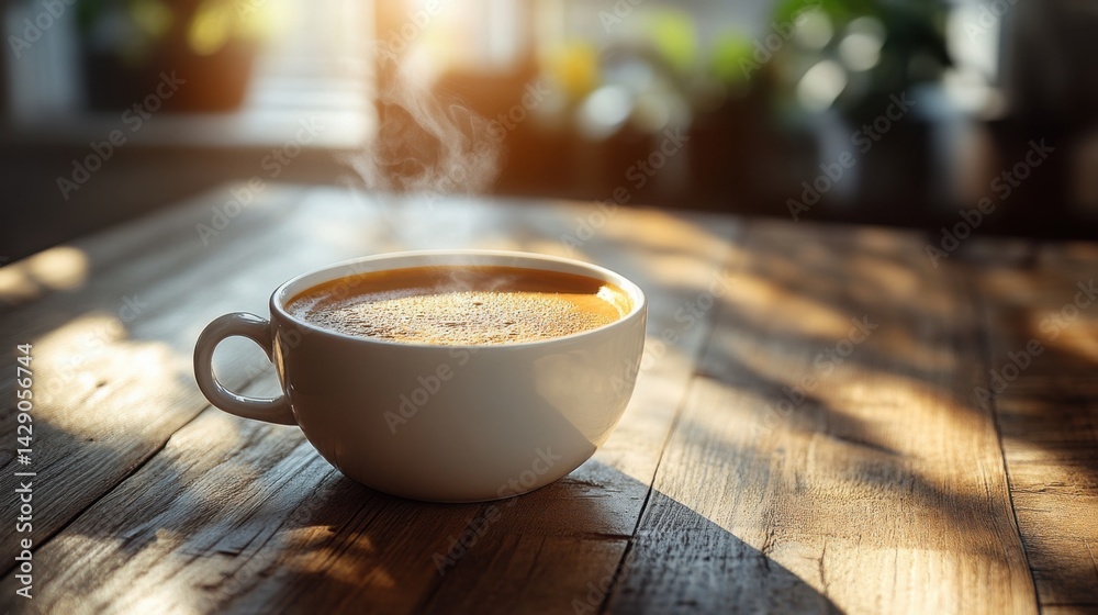 Warm Morning Coffee in White Mug on Rustic Wooden Table Sunlit Atmosphere