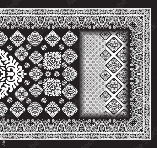 Intricate black and white pattern featuring floral and geometric designs, arranged in a traditional style with a border.