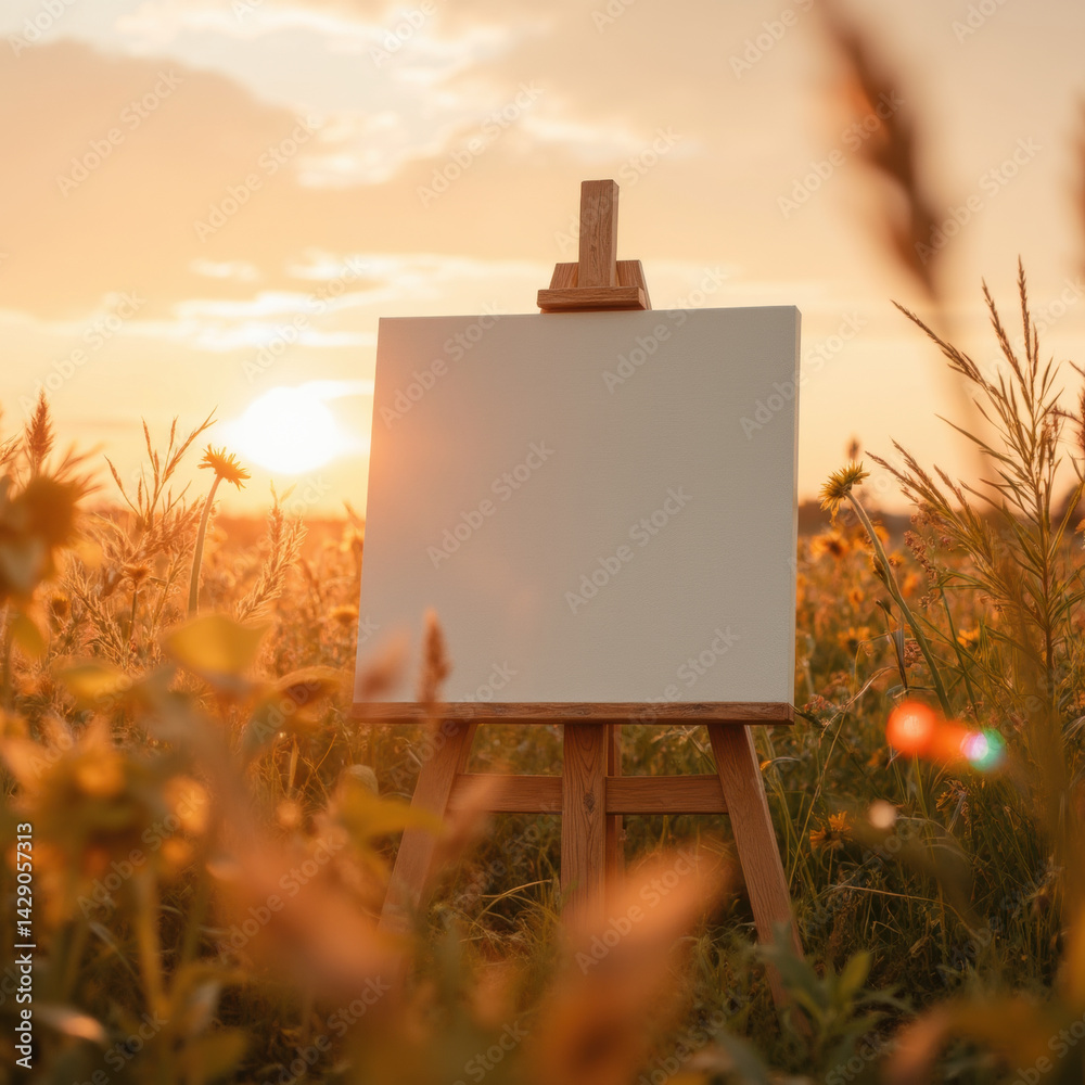 blank canvas on easel stands in golden field during sunset, surrounded by tall grass and wildflowers, evoking creativity and inspiration