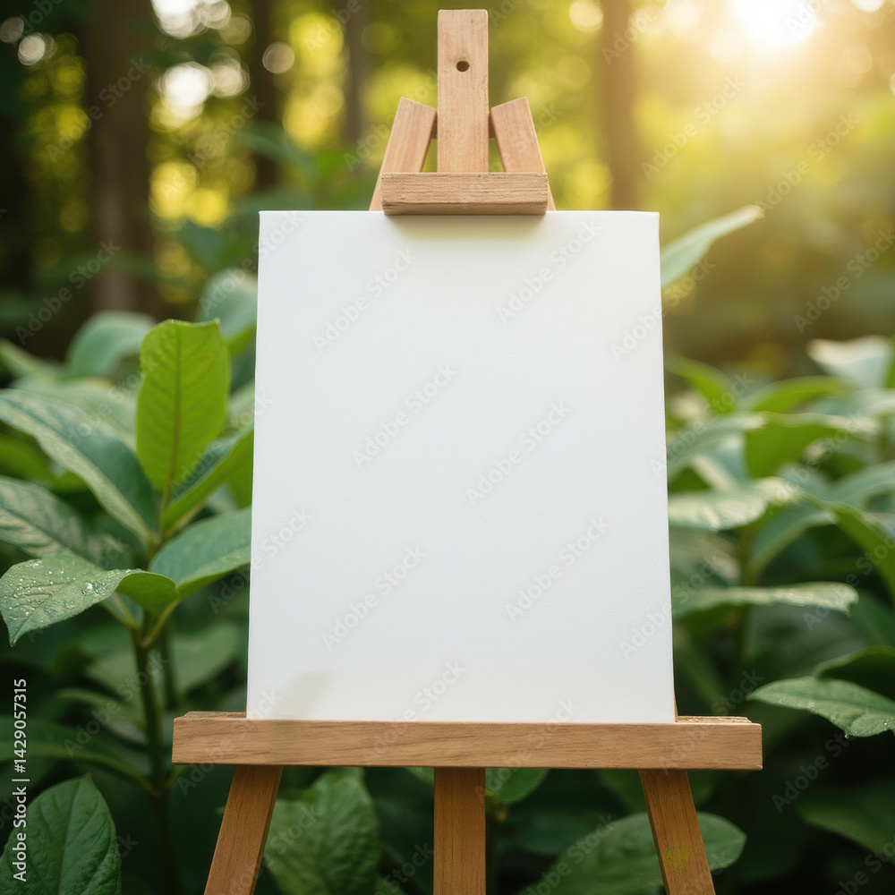blank canvas on easel surrounded by lush green foliage, illuminated by soft sunlight, invites creativity and inspiration