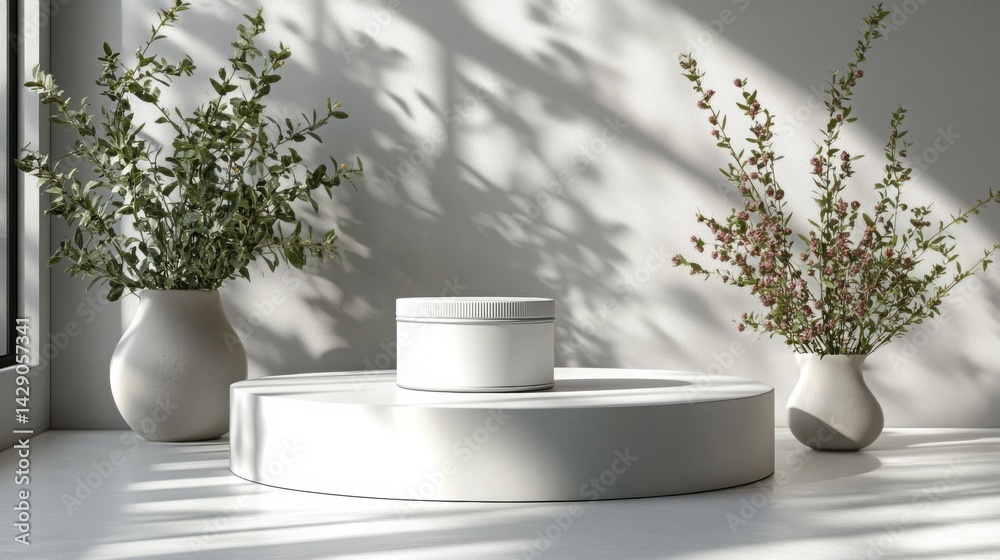 Minimalist Product Presentation White Jar on Circular Pedestal with Greenery