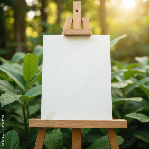 Obraz na płótnie blank canvas on easel surrounded by lush green foliage, illuminated by soft sunlight, invites creativity and inspiration w salonie