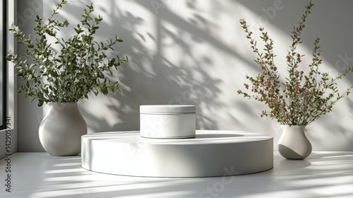 Obraz na płótnie Minimalist Product Presentation White Jar on Circular Pedestal with Greenery w salonie