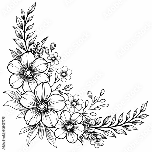 This is a beautiful black and white floral corner design featuring detailed, blooming flowers with elegant leaves and buds. It's likely used for:

Decorative frames or borders

Wedding invitations or 