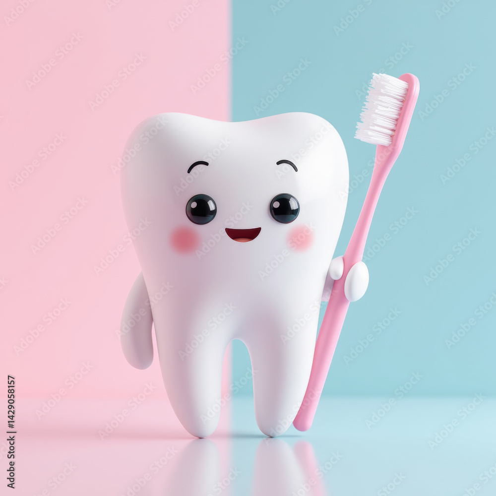 Cute tooth character toothbrush dental hygiene cartoon smiling pastel colors playful health oral care character design