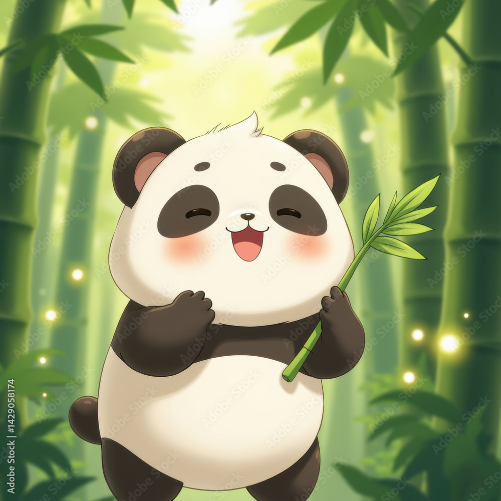Cute panda character cartoon bamboo forest happy smiling nature wildlife adorable green playful animal illustration cheerful Asian foliage