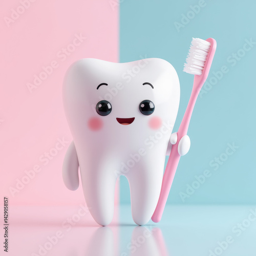 Obraz na płótnie Cute tooth character toothbrush dental hygiene cartoon smiling pastel colors playful health oral care character design w salonie