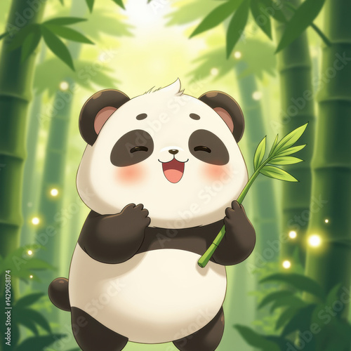 Obraz na płótnie Cute panda character cartoon bamboo forest happy smiling nature wildlife adorable green playful animal illustration cheerful Asian foliage w salonie