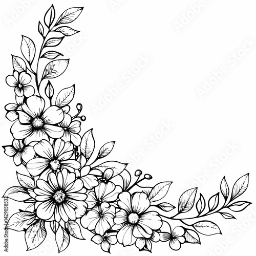 This is a beautiful black and white floral corner design featuring detailed, blooming flowers with elegant leaves and buds. It's likely used for:

Decorative frames or borders

Wedding invitations or 