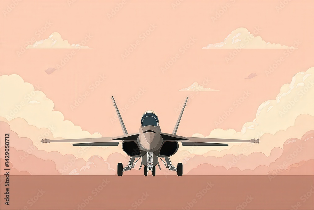 Fototapeta premium Fighter Jet in Front View with Clouds and Soft Background Colors